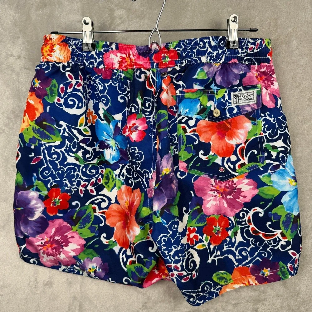 Polo Ralph Lauren Mens Floral Hibiscus Swim‎ Trunks Navy Blue Tropical Shorts 30